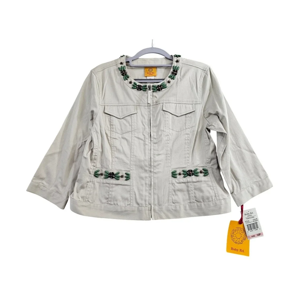 Ruby Rd Jacket Womens 10P Cement Solid Beaded Neck Full Zip Cotton‎ Blend 27330